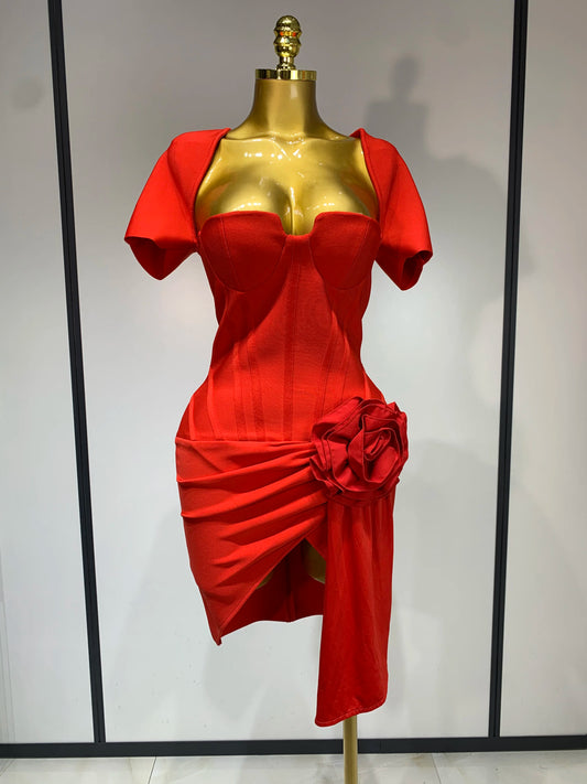 Women Sexy Short Sleeve Square Collar Bodycon Mini Bandage Dress Celebrity Red Carpet Dress Flower Luxury Birthday Outfit