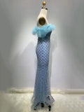 2024 Sexy Women's Light Luxury Blue Sparkle Maxi Dress with One Collar Feather Design Shoulder Buckle Bodycon Long Dress Vestido