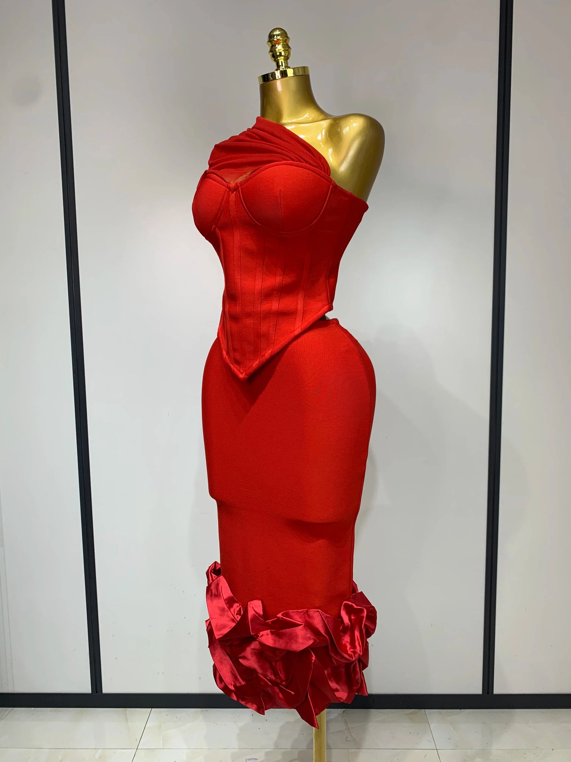Women Sexy One Shoulder Mesh Splice Red Two Pieces Skirt Bandage Set 2025 Celebrity Designer Fashion Evening Party Women's Set