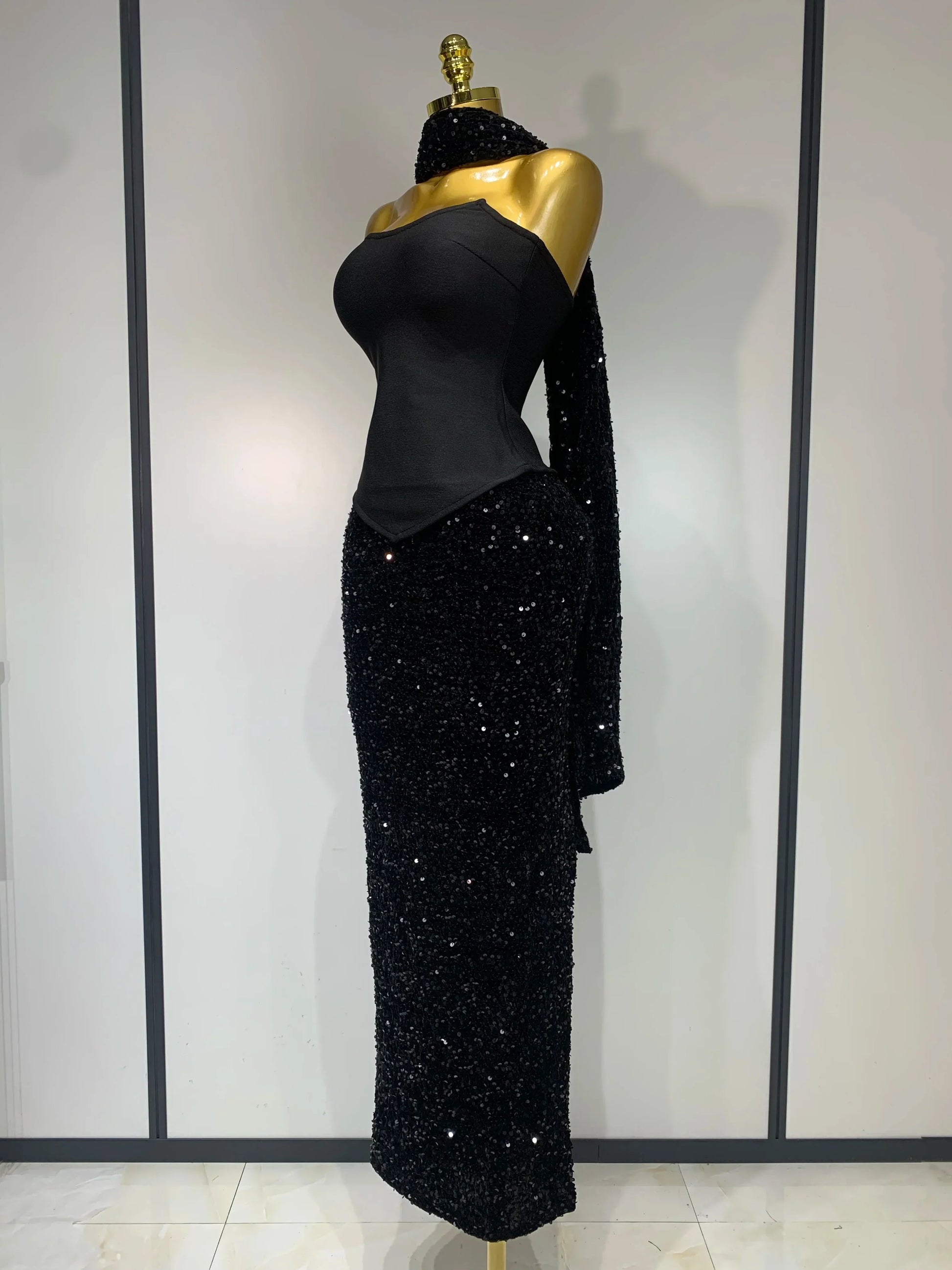 Women Sexy Strapless Sequin Black Maxi Long Bandage Three Piece Set Knitted Elegant Evening Club Party Birthday Prom Gowns