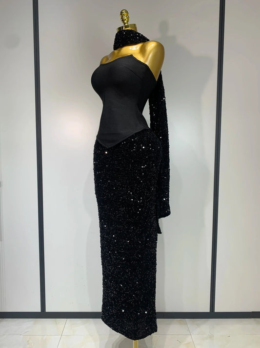 Women Sexy Strapless Sequin Black Maxi Long Bandage Three Piece Set Knitted Elegant Evening Club Party Birthday Prom Gowns