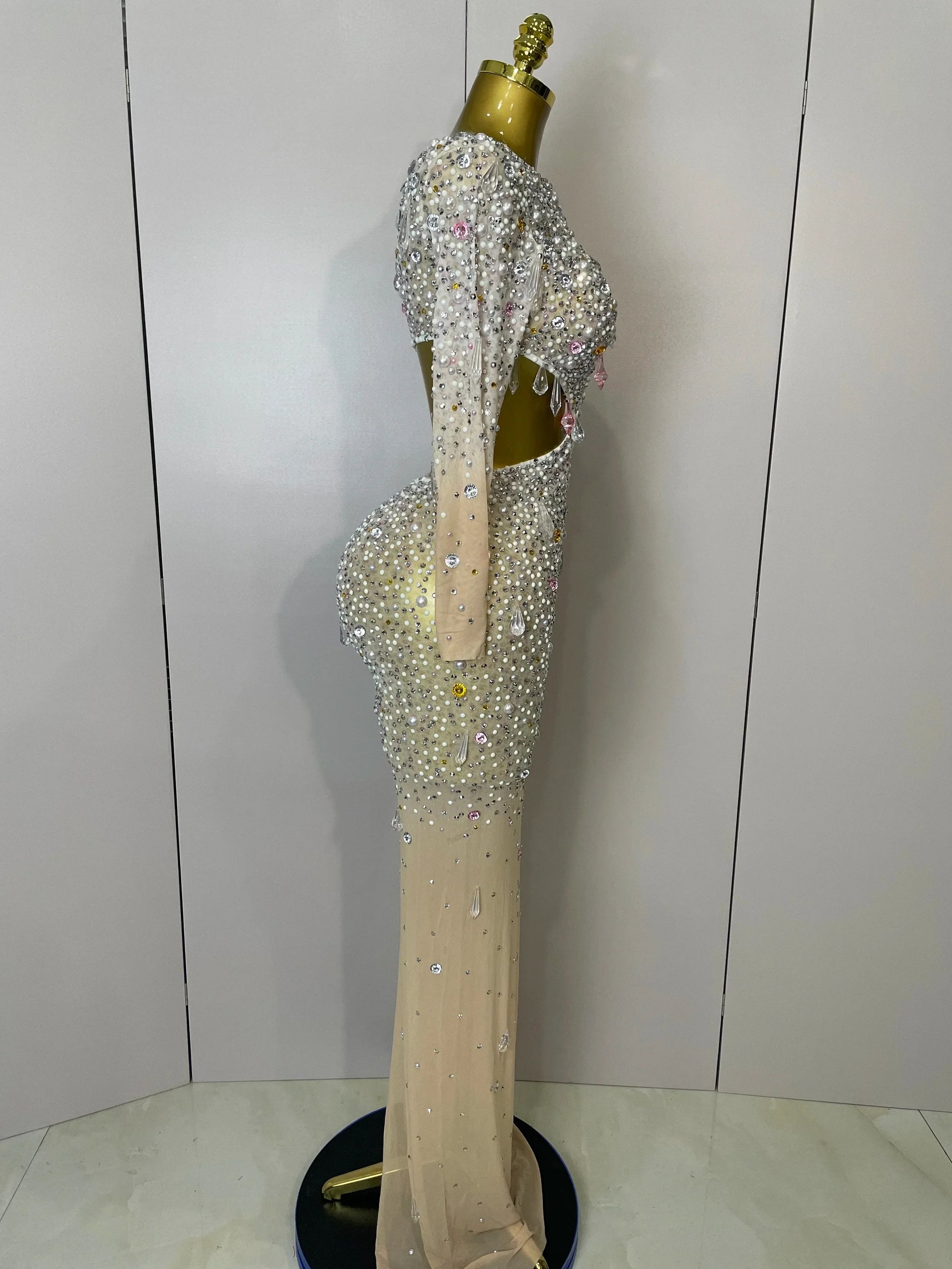 Women Sexy One Shoulder Hollow Out Big Crystal Bodycon Long Dress Celebrate Nightclub Party Bar Singer Birthday Dress