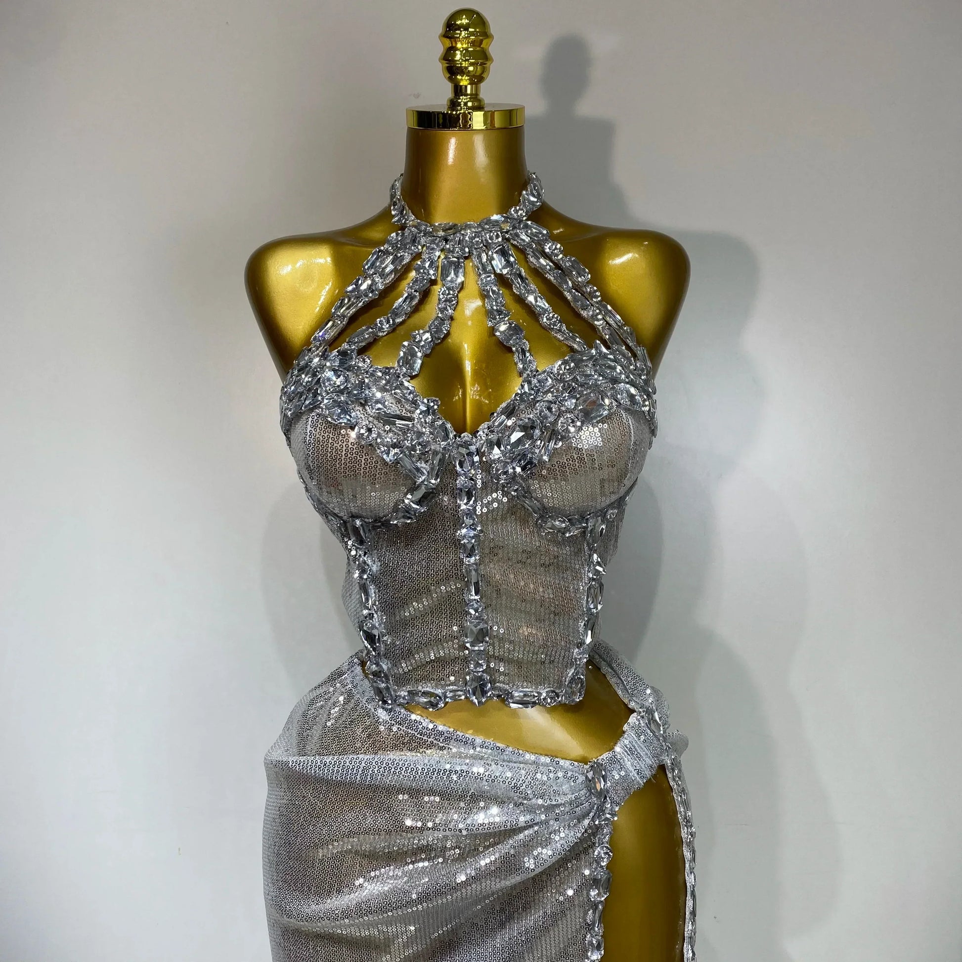 Women Sparkly Silver Rhinestones Top Long Skirt Two Pieces Set Singer Dancer Performance Costume Nightclub Stage Wear