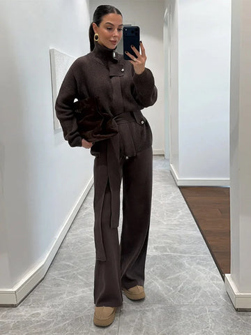 Solid Turtleneck Button Tie-Waist Knit Set Long Sleeve Sweater Wide Leg Pants 2025 Chic Vintage Women Sets Causal Cozy Lady Suit