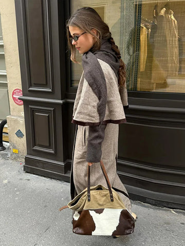 Unique Half Width Sleeve Lapel Long Overcoat Women Elegant Double Breasted Loose Coats New Autumn Fashion Office Lady Outerwears