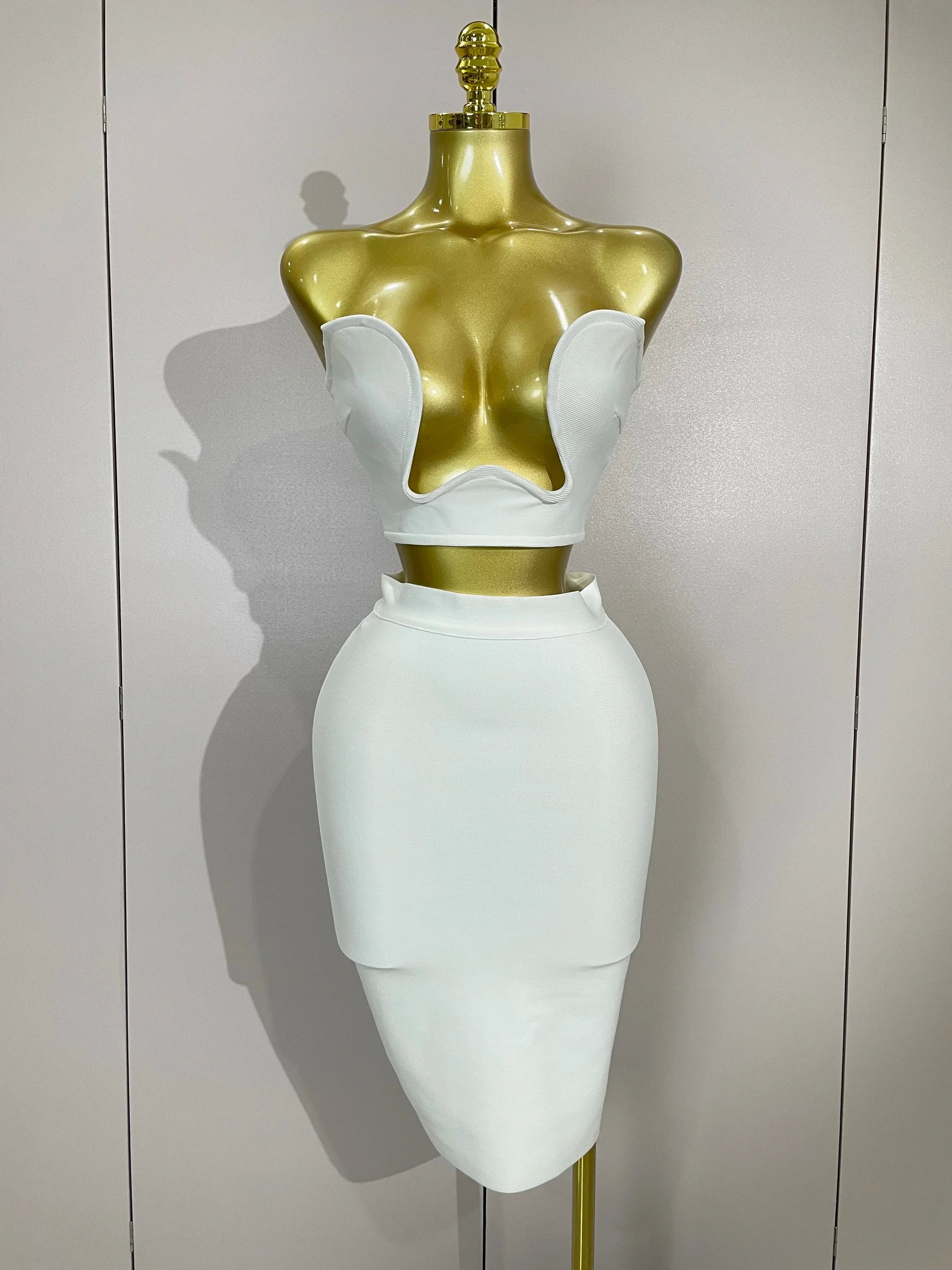 Women Sexy Strapless Backless Black Bandage Two Piece Suit Celebrity Designer Fashion Birthday Gown Evening Prom Costume WHITE