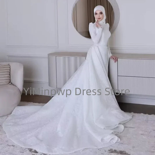 Muslim Wedding Dress with Hijab for Bride High Neck Long Sleeve Modest Sweep Train Lace A-Line Gown Customize Vestidos De Novia