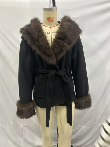 Women's Winter Coats Faux Fur Lace Up Hooded Coat Autumn 2025 Female Furry Full Sleeve Slim Bomber Jacket Chic Ladies Outerwears