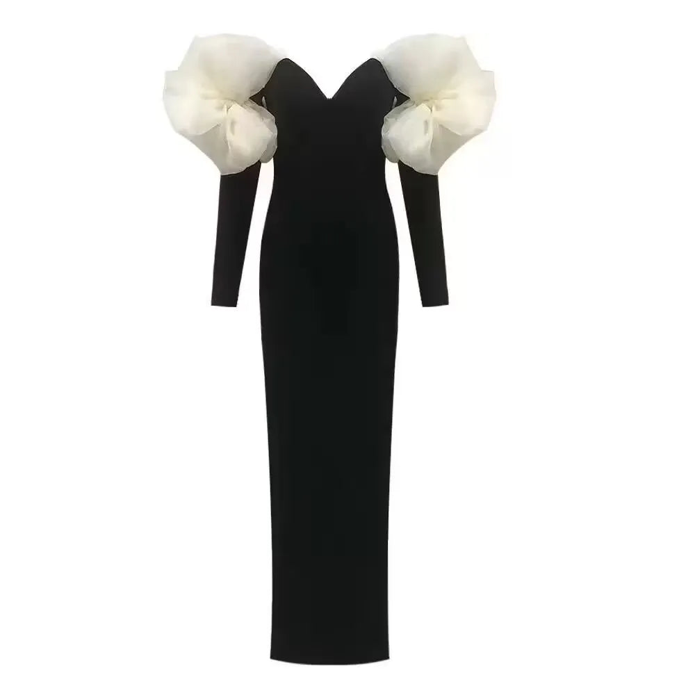 Stereoscopic Flower Sexy Off The Shoulder Ankle Lenght Bandage Dress Woman Birthday Party Vestido Celebrity Party Outfit White Flower