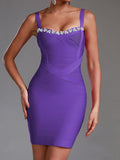 2024 Summer Sexy Women Water Diamond Bandage Dress Spaghetti Strap Sleeveless Bodycon Backless Mini Dress Evening Party Vestidos PURPLE