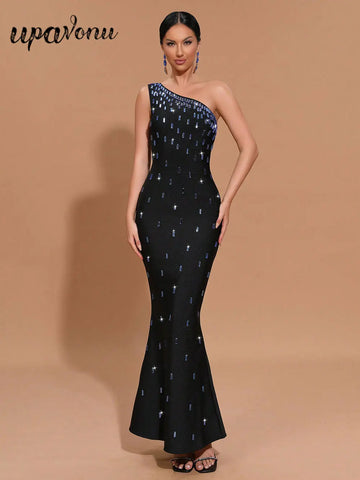2024 Sexy Women Light Luxury Nail Bead Bandage Dress One Shoulder Slant Neck Sleeveless Bodycon Tail Dress Evening Party Vestido black
