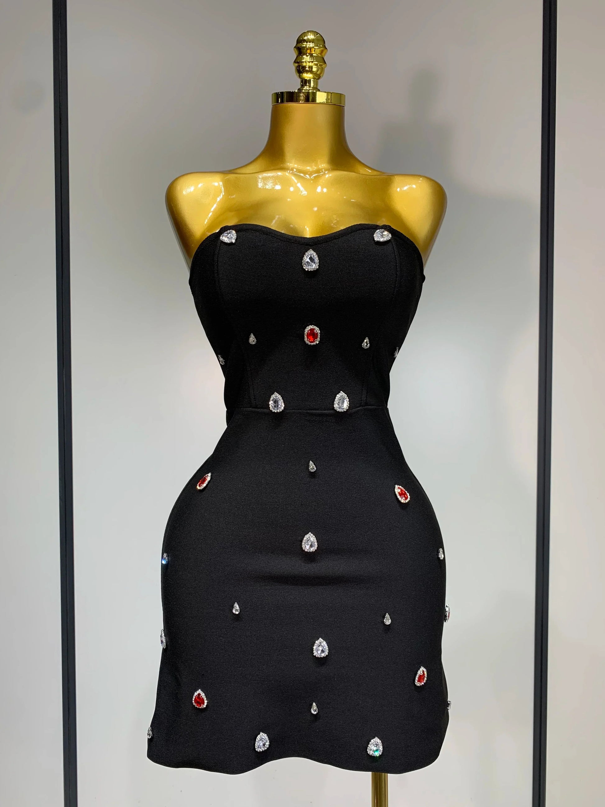 Women Sexy Strapless Colorful Crystal Bodycon Mini Bandage Dress Spring Elegant Party Celebrate Birthday Outfit black