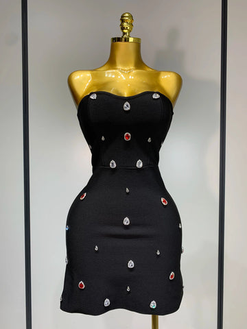 Women Sexy Strapless Colorful Crystal Bodycon Mini Bandage Dress Spring Elegant Party Celebrate Birthday Outfit black