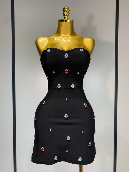 Women Sexy Strapless Colorful Crystal Bodycon Mini Bandage Dress Spring Elegant Party Celebrate Birthday Outfit black