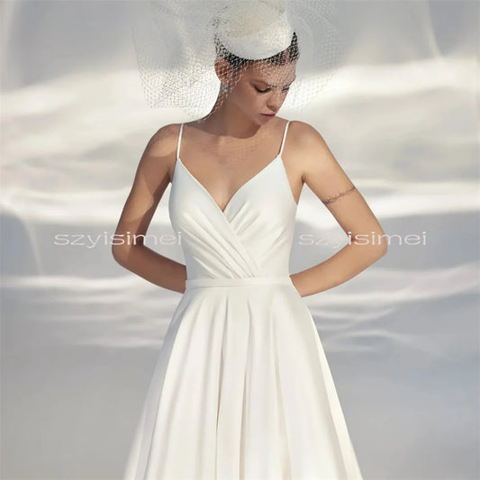 Customized V Neck A Line Wedding Dresses Spaghetti Straps 2025 Sleeveless Illusion Satin Bridal Gowns