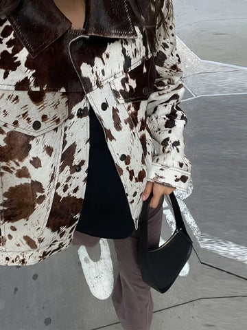 Street Printed Loose Women's Jacket Turn-down Collar Long Sleeve Single Breasted Pockets Coats New Fashion Early Autumn Lady Top