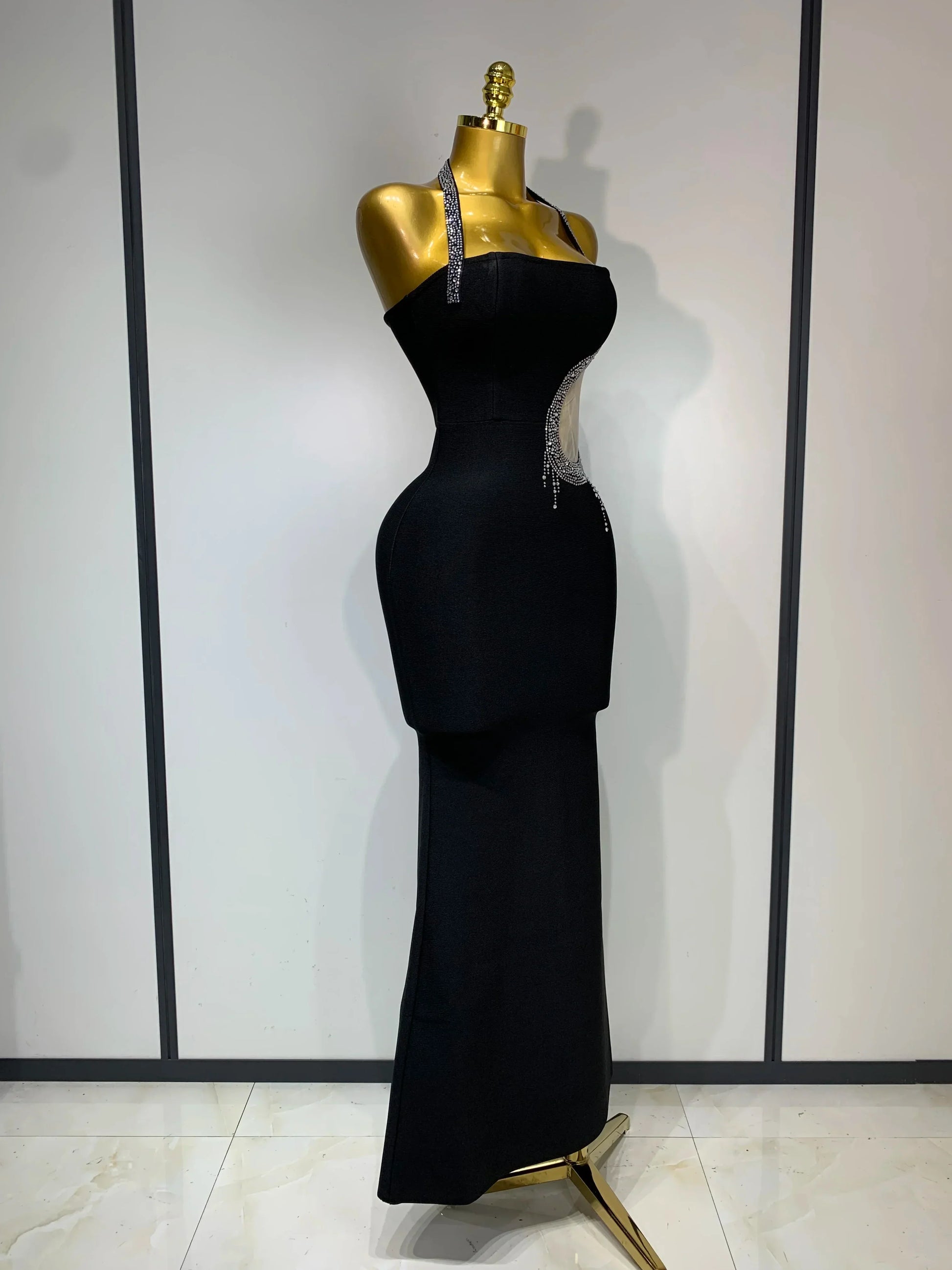 Women Sexy Rhinestone Halter Long Bandage Bodycon Dress Celebrity Elegant Evening Party Luxury Birthday Wedding Dresses