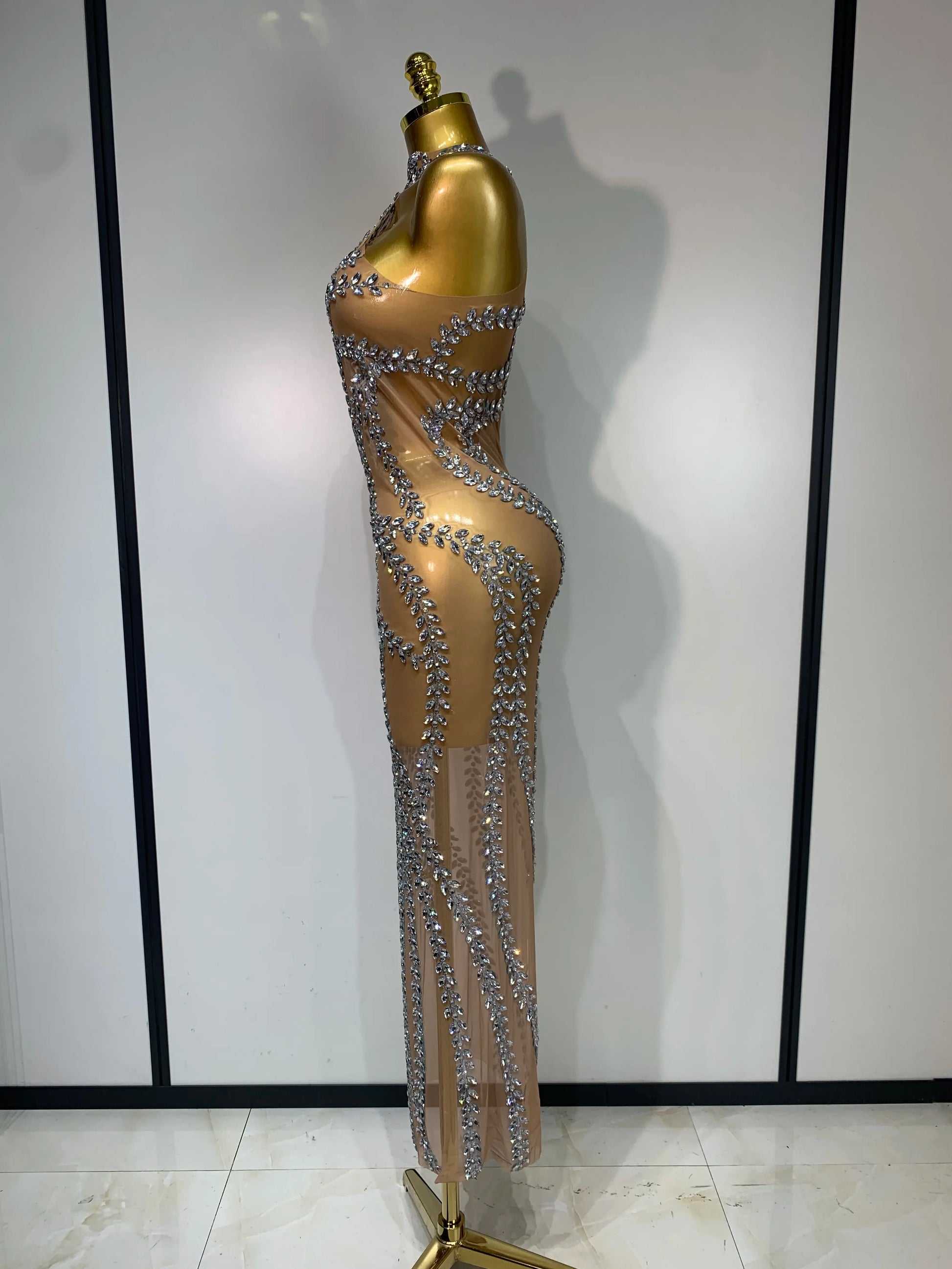 Women Sexy Sparkly Rhinestones Mesh See Through Stretch Dress Luxury Birthday Performance Stage Costume Evening Party Dress