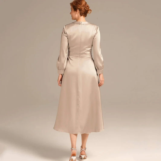 Customized Simple V Neck Mother Dresses Elegant Long Sleeve Wedding Party Gowns Mid-calf Length A Line Formal Bridal Dress
