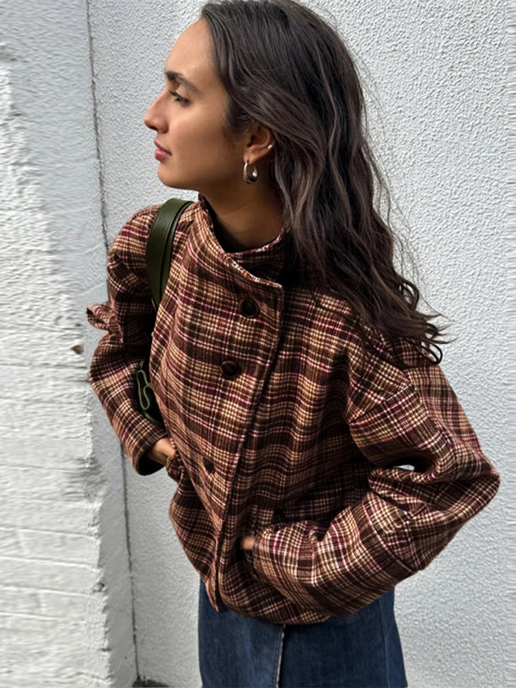 Street Plaid Loose Women Jacket Stand Collar Long Sleeve Slant Opening Single Breasted Coat Fashion Autumn Winter OfficeLady Top