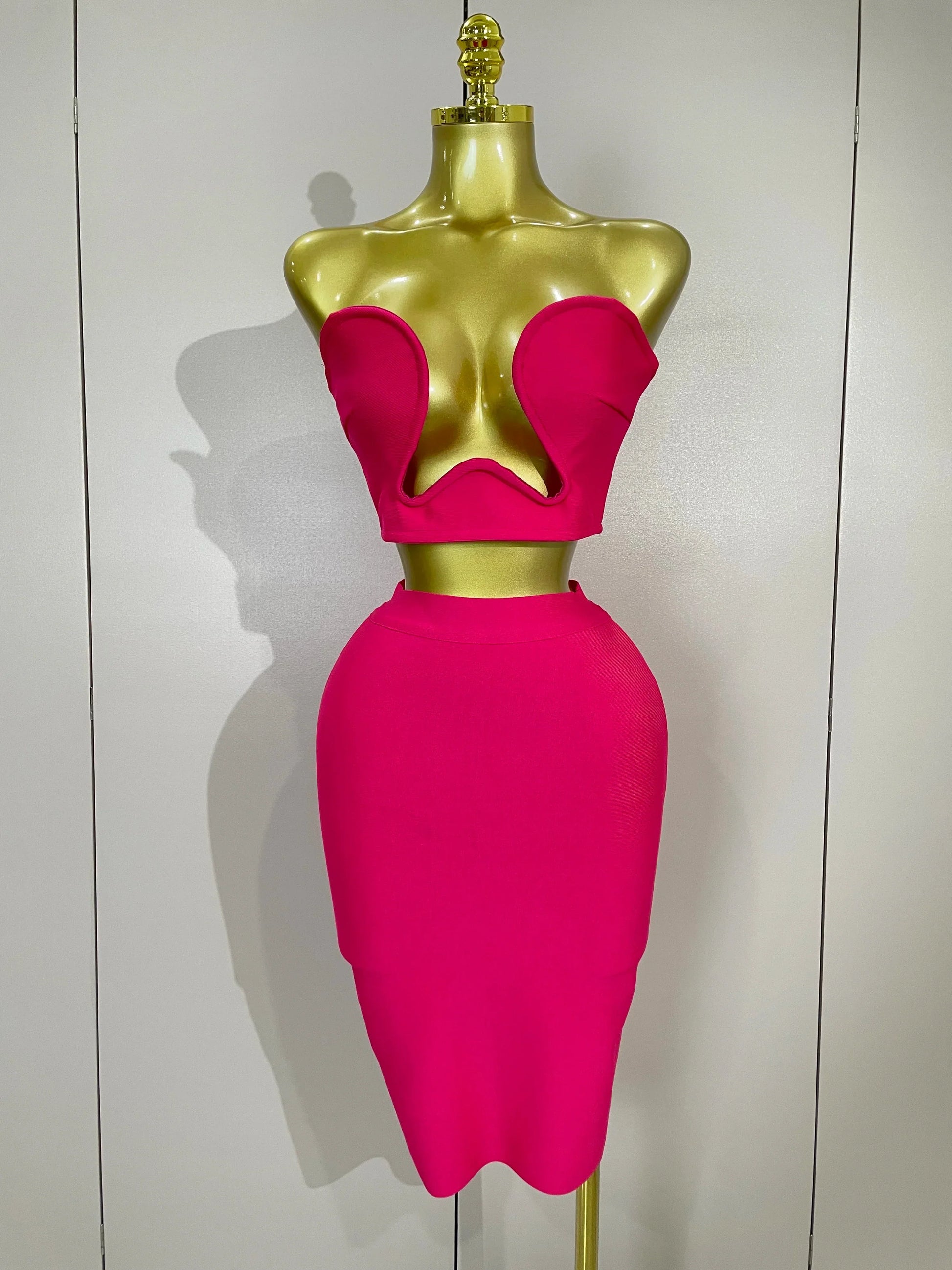 Women Sexy Strapless Backless Black Bandage Two Piece Suit Celebrity Designer Fashion Birthday Gown Evening Prom Costume Rose Red