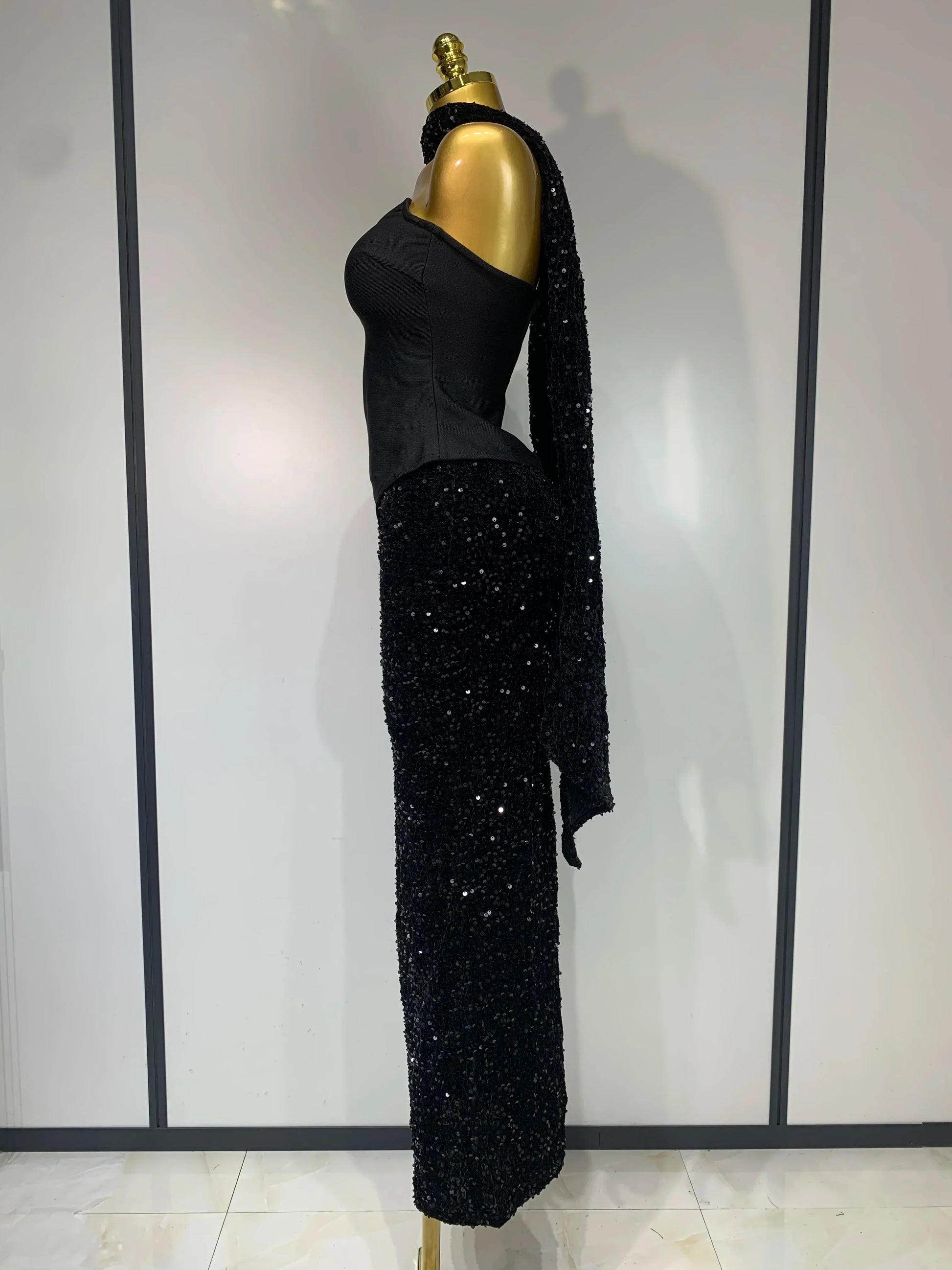 Women Sexy Strapless Sequin Black Maxi Long Bandage Three Piece Set Knitted Elegant Evening Club Party Birthday Prom Gowns