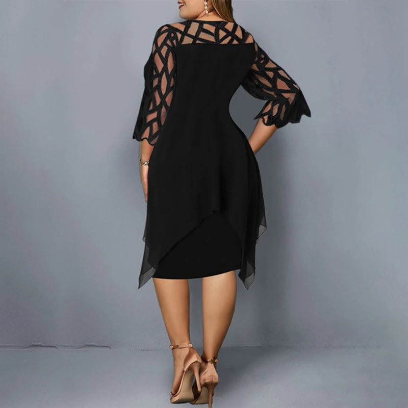 2025 Hollow Out Chiffon Midi Dress Women Spring Summer O Neck Irregular Black Dresses Elegant Office Lady Evening Party Robes