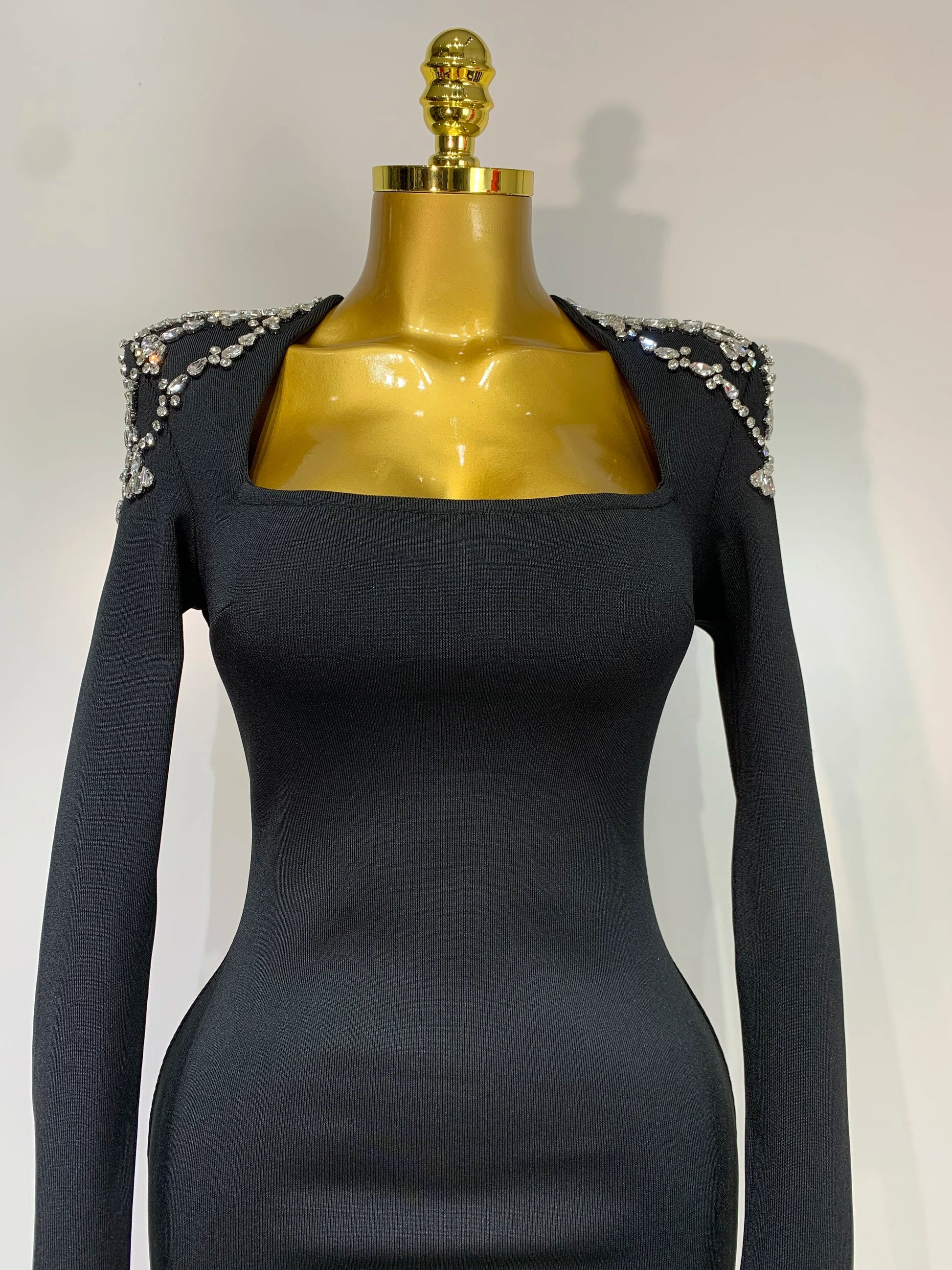 Luxury Birthday Dresses Diamond Tight Long Sleeve Square Neck Long Bandage Dress Women Wedding Evening Formal Gowns