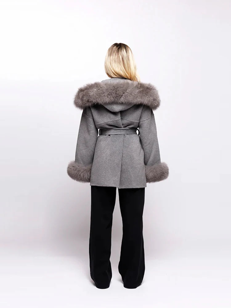 Fringes Patchwork Hoodie Woolen Overcoat Office Lady Chic Autumn Winter Long Sleeve Slim Coat 2025 Fashionable Female Streetwear