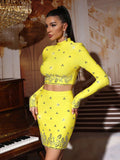 Modphy Black Yellow Rhinestone Bandage Two-Piece Set Women Long Sleeve Sexy Short Tops Bodycon Skirt Mini Sets Fashion Outfit