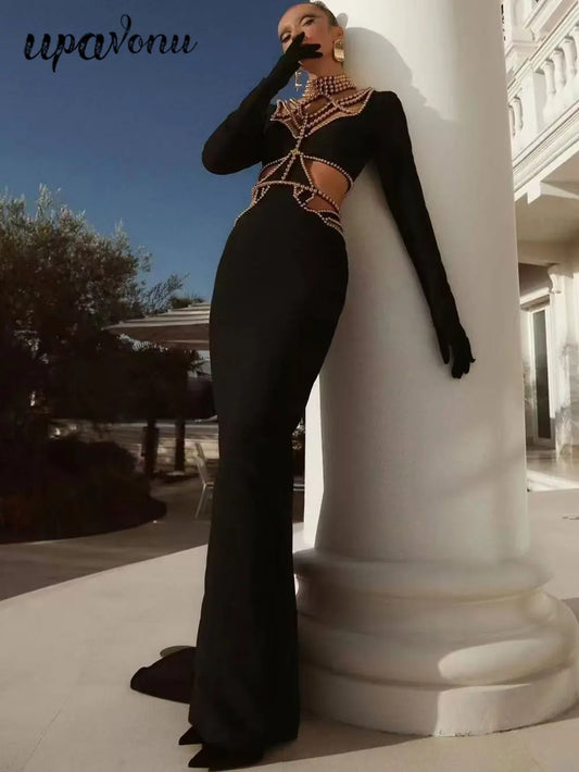 2025 Sexy Women's Light Luxury Pearl Bead Design Hollow Out Long Dress Stand Collar Long Sleeve Bodycon Dresses Party Vestidos