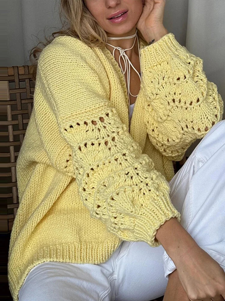 Casual Knitted Loose Women's Cardigans V-neck Lantern Long Sleeve Hollow Out Open Stitch Chic Early Autumn Office Lady Outerwear