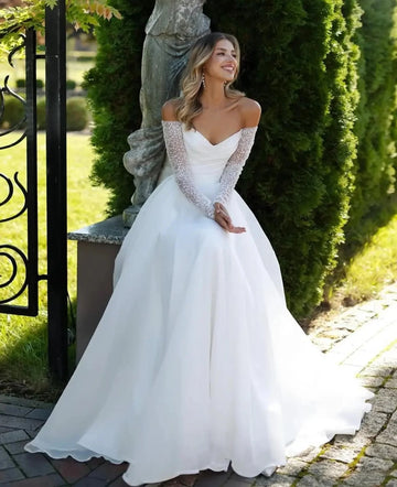Shiny Beaded Sequined Wedding Dresses 2026 Detachable Long Sleeves Strapless A Line Organza Bride Dress Bridal Gowns Sweep Train