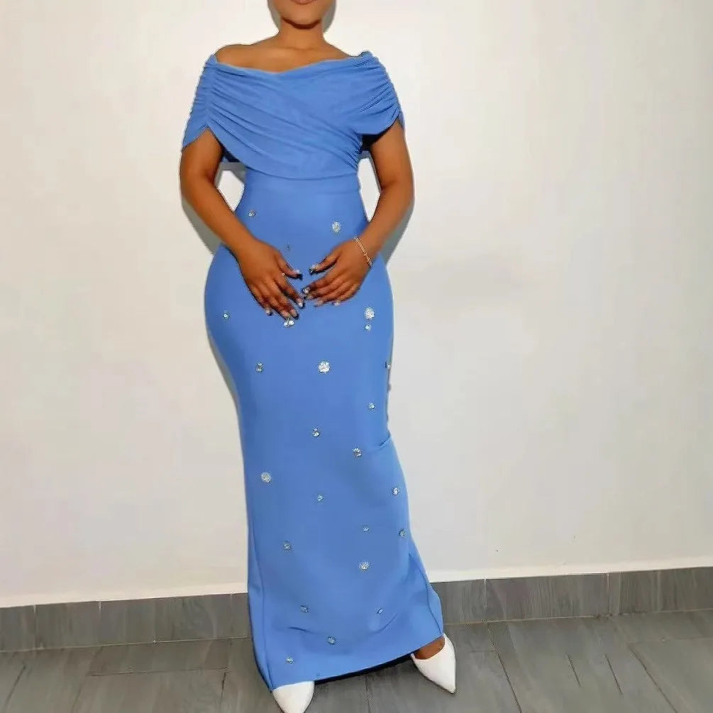 4 Colors Women Sexy Slash Neck Off the Shoulder Shinning Crystal Bodycon Long Bandage Dress Celebrate Birthday Party Outfit SKY BLUE