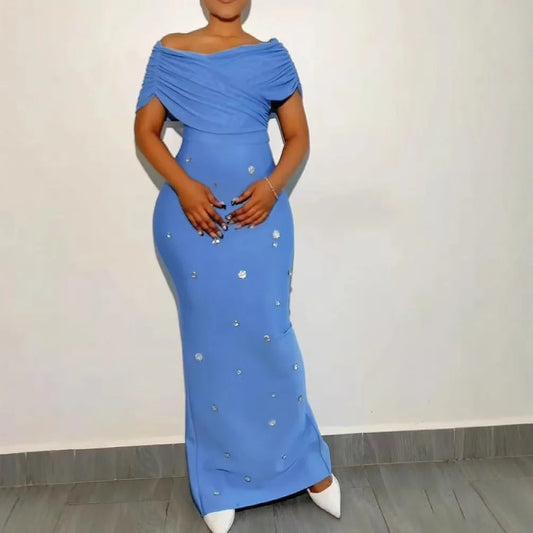 4 Colors Women Sexy Slash Neck Off the Shoulder Shinning Crystal Bodycon Long Bandage Dress Celebrate Birthday Party Outfit SKY BLUE