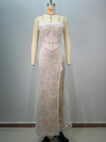 2025 Light Luxury Beaded Design Maxi Dress Spaghetti Strap Sleeveless Slimming Split Lace Long Dress Evening Party Vestido Beige