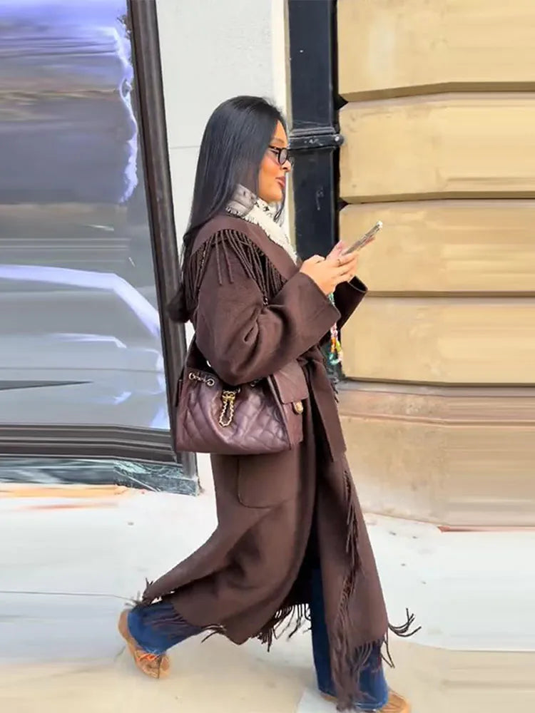 Women's Long Coats Lapel Tassel Lace Up Bomber Jacket Luxury Female Full Sleeve Waist Cinching Autumn Winter Coat New Outerwears