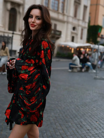 Street Printed Slim Women's Short Dress Turn-down Collar Lantern Full Sleeve Lace Up Slim Shirt Dresses Fashion Lady Streetwear