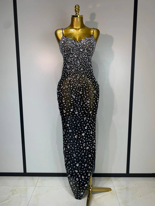 Women Sexy Sleeveless Rhinestone Bodycon Maxi Long Dress Evening Party Birthday Costume Bar Nightclub Stage Performance Clothing black
