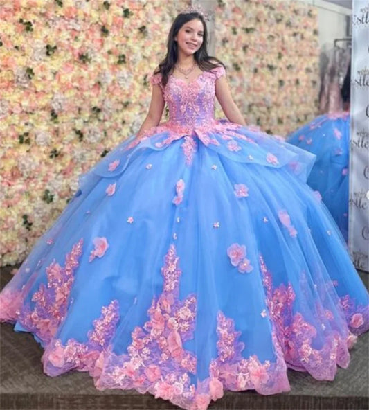 Gorgeous Blue And Pink Quinceanera Dresses 2025 Off Shoulder 3D Florals Lace Vestidos De 15 Años Corset Charro Gown Customized