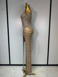 Women Sexy Sparkly Diamonds High Split Maxi Dresss Mesh See Through V Neck Performance Singer Costume Luxury Birthday Vestido