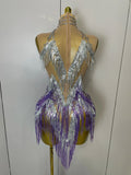 Women Sexy Stretch Mesh Sparkly Rhinestone Tassels Mini Dress Nightclub Singer Dance Stage Costume Evening Gowns