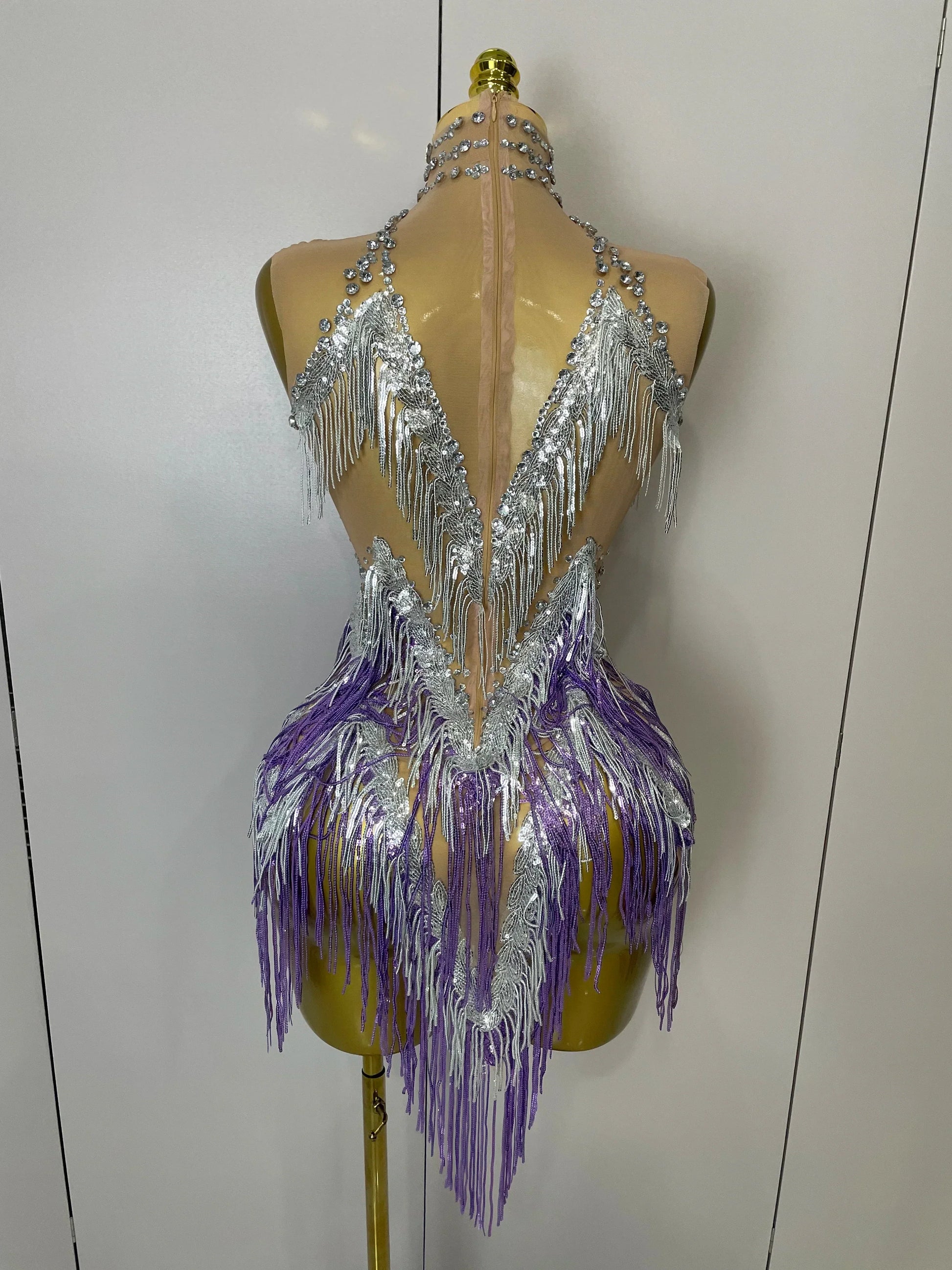 Women Sexy Stretch Mesh Sparkly Rhinestone Tassels Mini Dress Nightclub Singer Dance Stage Costume Evening Gowns