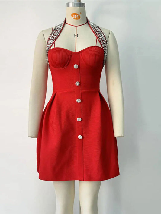 2025 Sexy Women's Light Luxury Nail Diamond Design Bandage Dress Hanging Neck Sleeveless A-line Bareback Mini Dress Vestidos