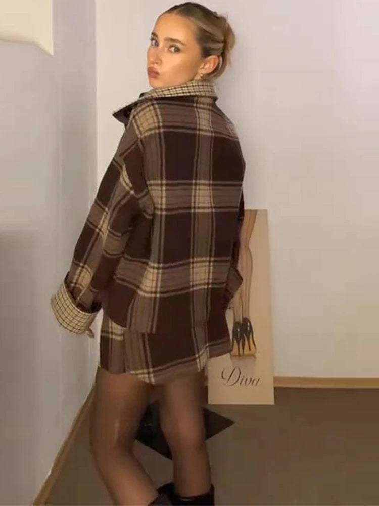 Women's 2 Pcs Suits Stand Collar Plaid Bomber Jacket Mini Skirt Sets Street Female Loose Coat A-line Skirts Spring Ladies Outfit