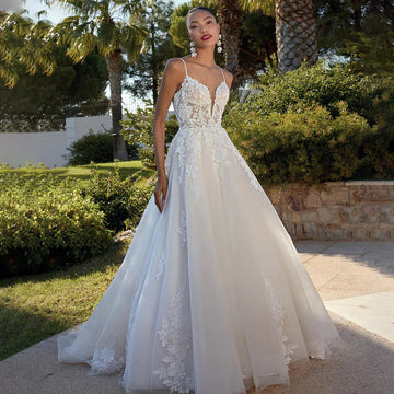 Spaghetti Straps V Neck Wedding Gown For Women Customized Wedding Dress Sweep Train  Evening Bride Dresses vestido de noiva