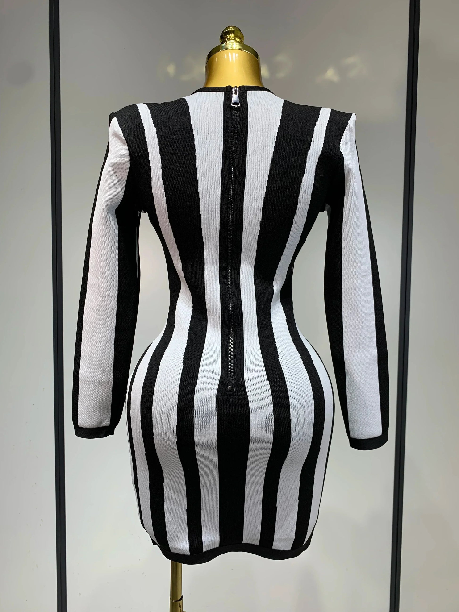 WomenLuxury Sexy Long Sleeve Stripe Black White Mini Bandage Dress Knitted Celebrity Elegant Evening Club Birthday Dresses