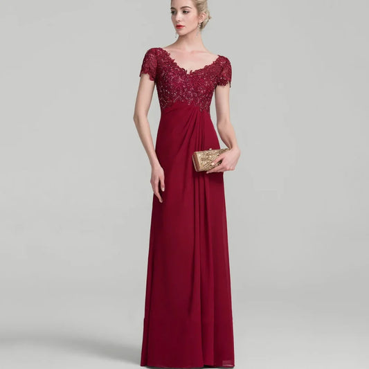 Formal V Neck Customized Mother Dresses A Line Bride Party Dress Lace Short Sleeve Occasion Gown Elegant robes invitée mariage wine red
