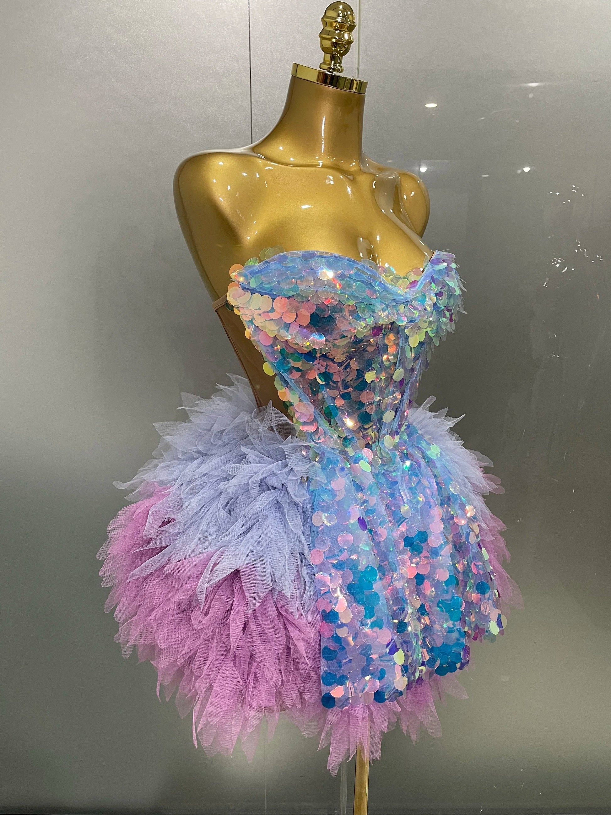 Stage Costume Women's Sparkly Sequin Mesh A Line Top Skirt 2 Pieces Set Nightclub Party Birthday Dress Photo Shoot Wear