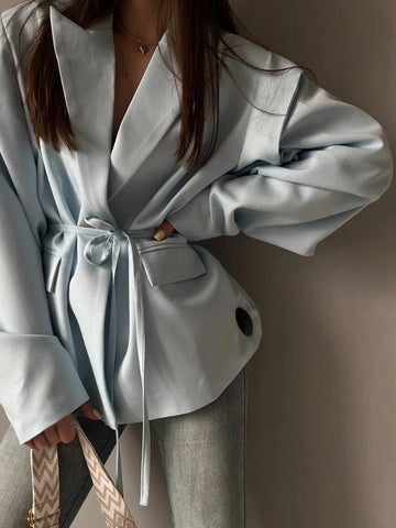 Elegant Solid Slim Women's Blazers Lapel Shoulder Pad Long Sleeve Waist Cinching Lace Up Suit Jackets Chic Ladies Streetwear New
